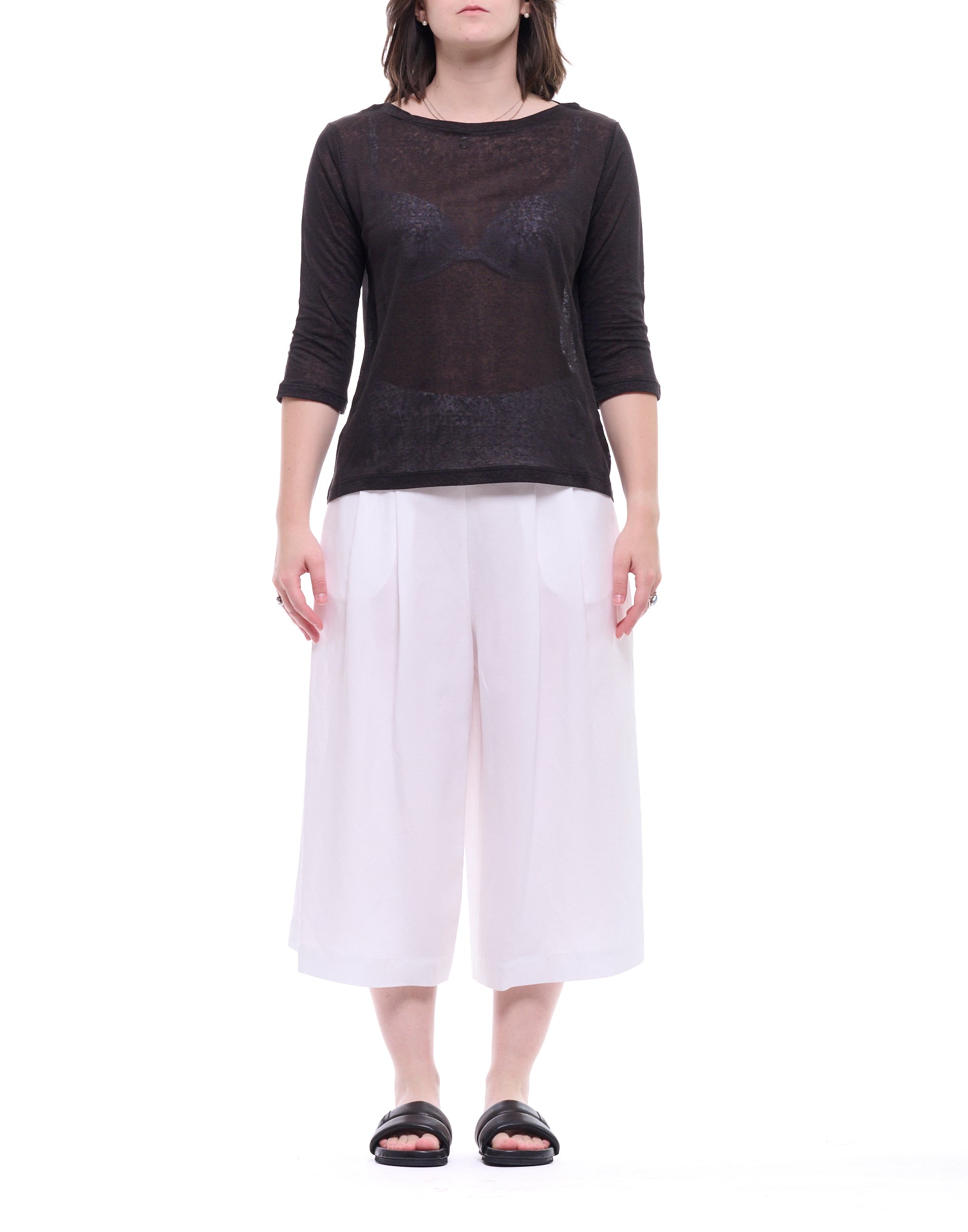 ARAGONA Black Linen Boat-Neck Top in Relaxed Fit D3369TP 101 BLACK