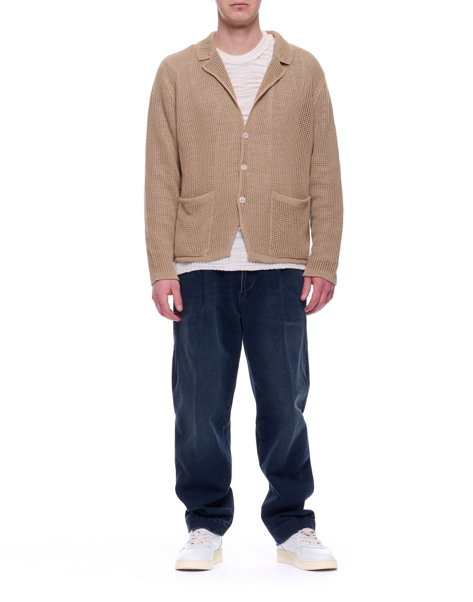 Atomofactory Men’s Mesh Cardigan in Sand Cotton Acetate Made in Italy Relaxed Fit PE26AFU19 067 SABBIA