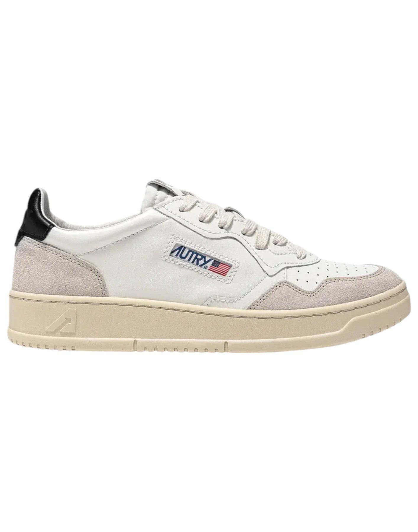Autry Zapatillas Medalist Low para Mujer en Piel Blanca y Negra con Ante Beige AULW LS21