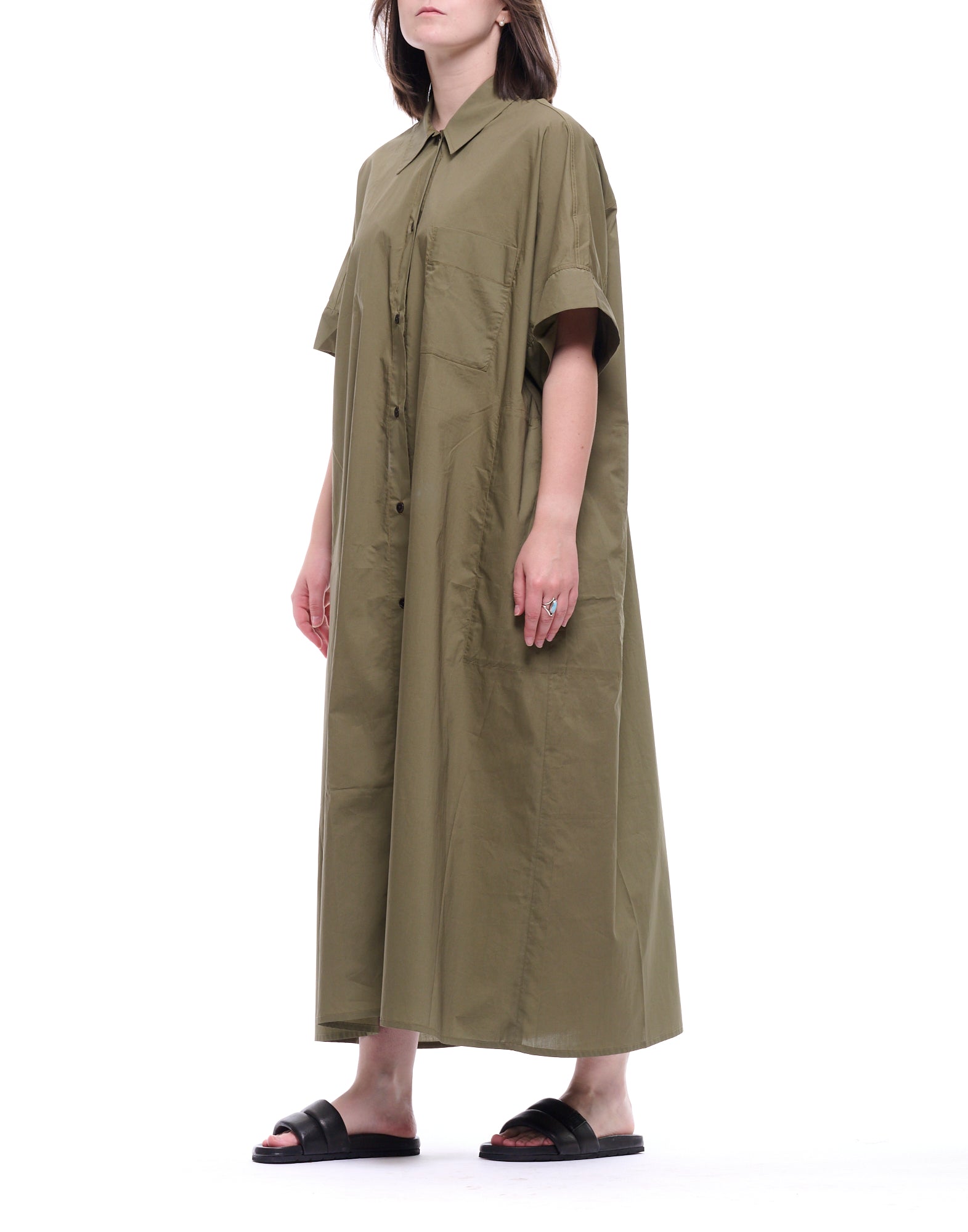 Eat Dust 673 Vestido camisero largo suelto de popelina de algodón en verde cantina W-H-002-LPL-730 VESTIDO VERDE