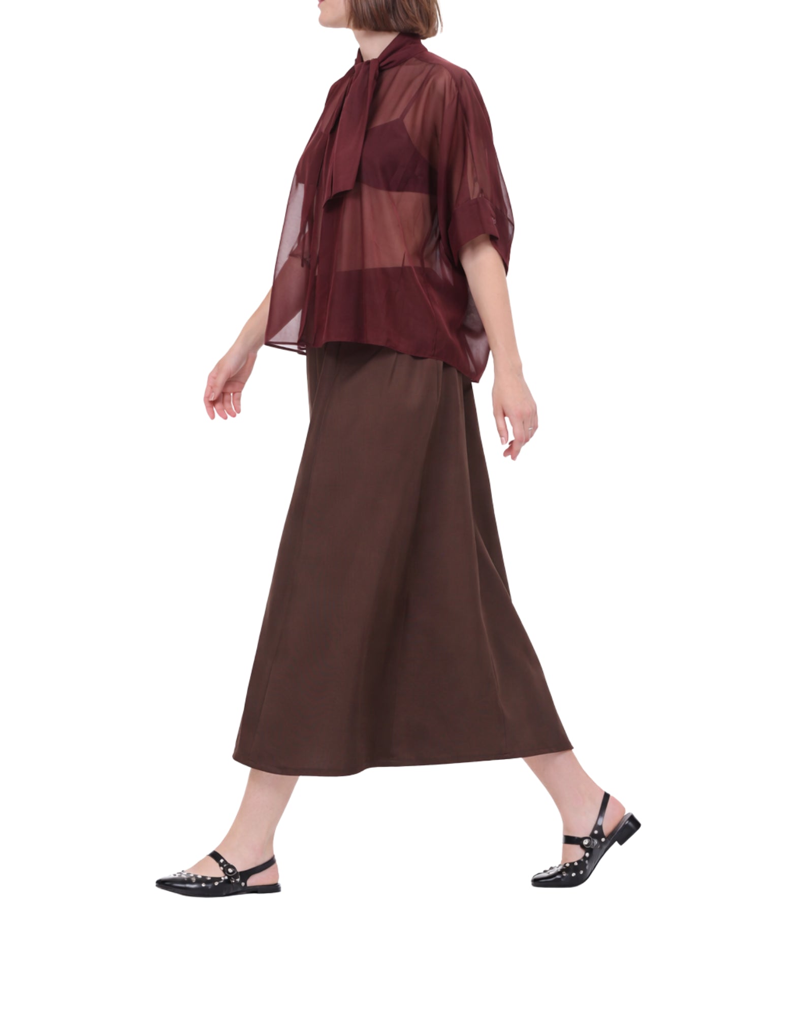 Meimeij Women’s Sangria Soft Shirt in Lyocell Blend, Tie Neck, Relaxed Fit E6/I/M6EF21 881 SANGRIA