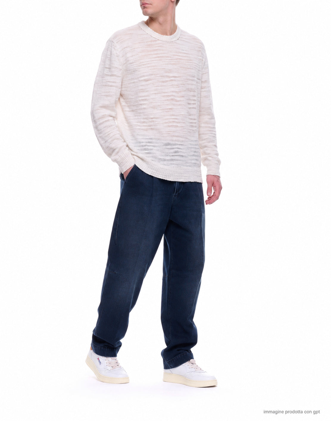 Atomofactory Men’s White Slub Crew-Neck Linen Blend Sweater PE26AFU19 01 WHITE
