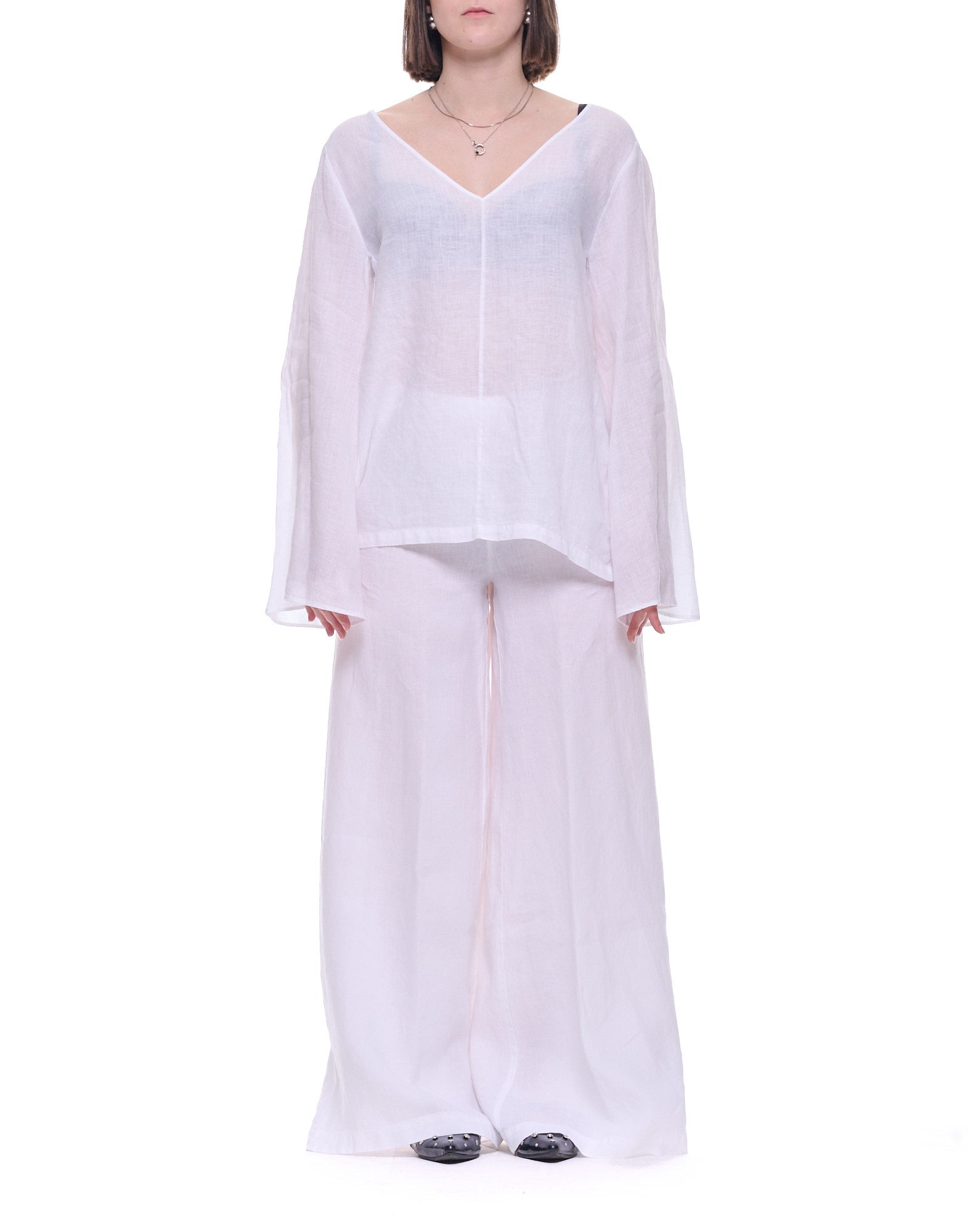 Hira Women’s White Linen V-Neck Long-Sleeve Top W301 001