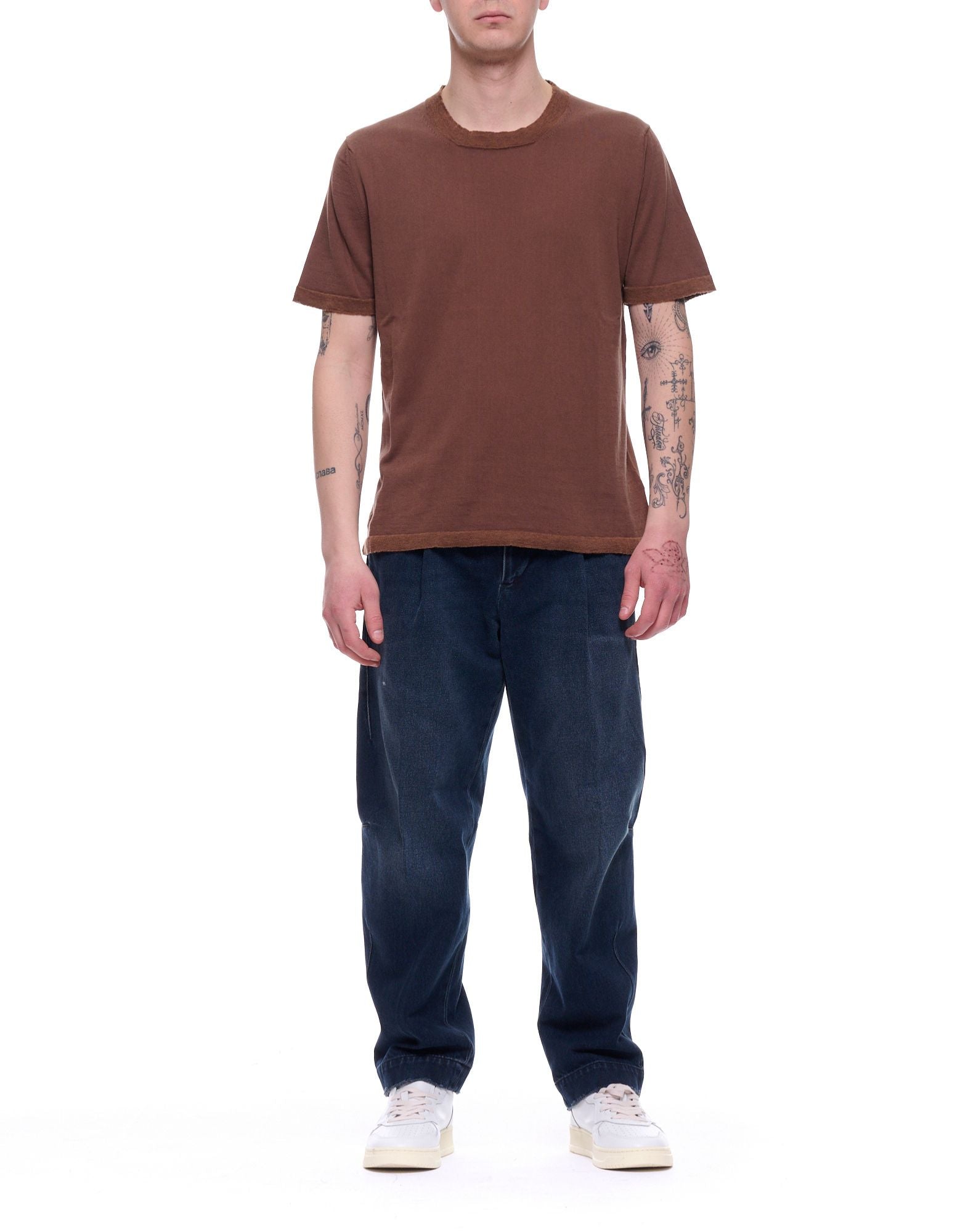 Fabrizio del Carlo Camiseta de algodón marrón con cuello redondo | Ajuste relajado FF3075 CC16-168 MARRÓN