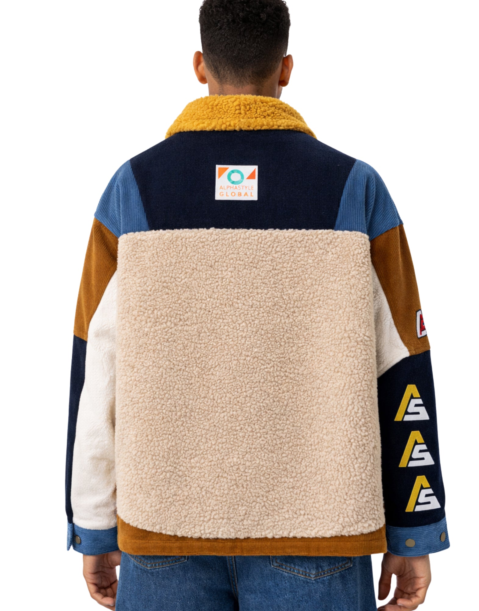 Alpha Style Herren-Patchworkjacke Mehrfarbig mit Teddykragen 3003 BLU AVORIO