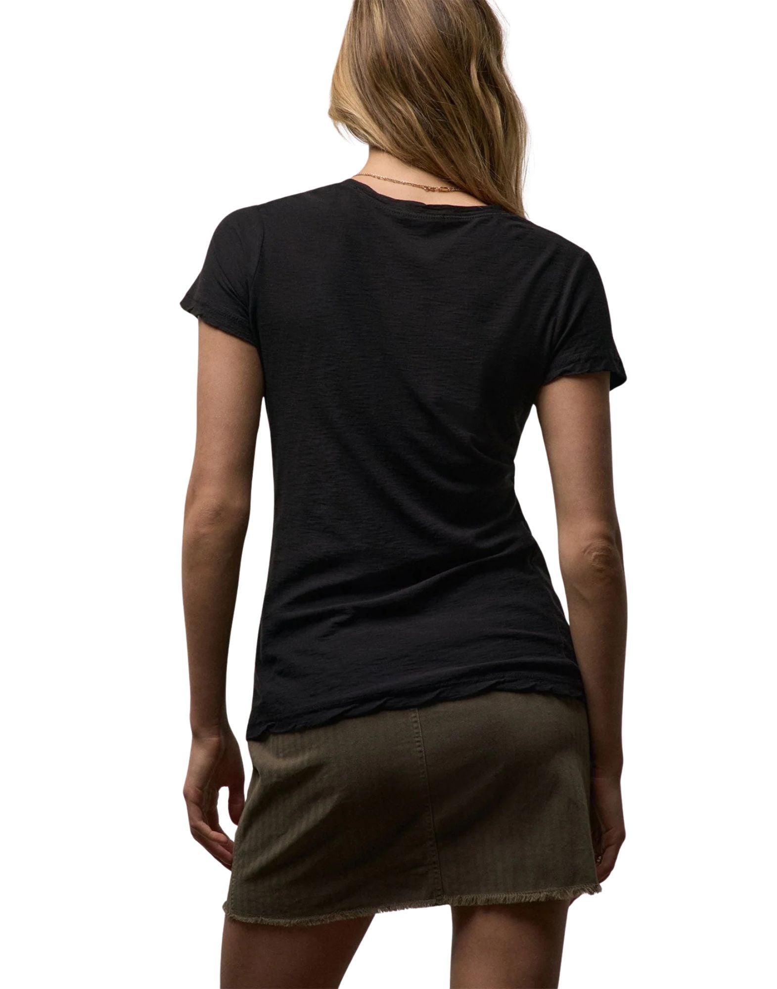 ames Perse Women's Sheer Slub Casual V Neck T-Shirt Black 100% Cotton Slim Fit WUA3695 BLK T-SHIRT