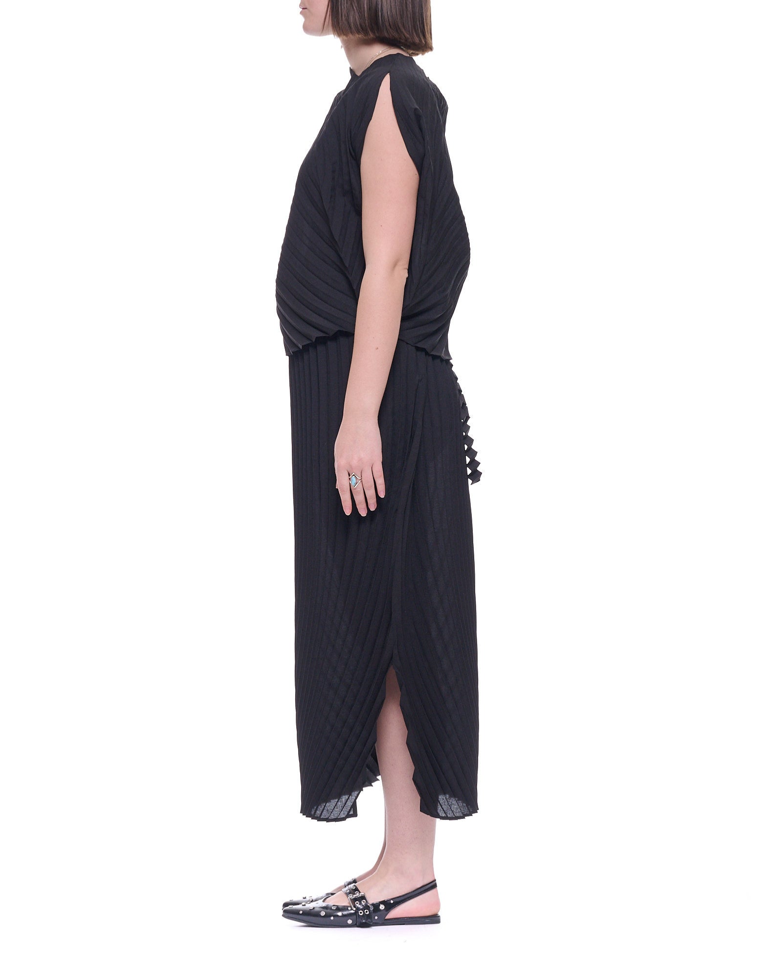 Meimeij Women’s Pleated Polyester Blouse, Black, Short Sleeve, Regular Fit E6/I/ M6EY02 100 BLACK