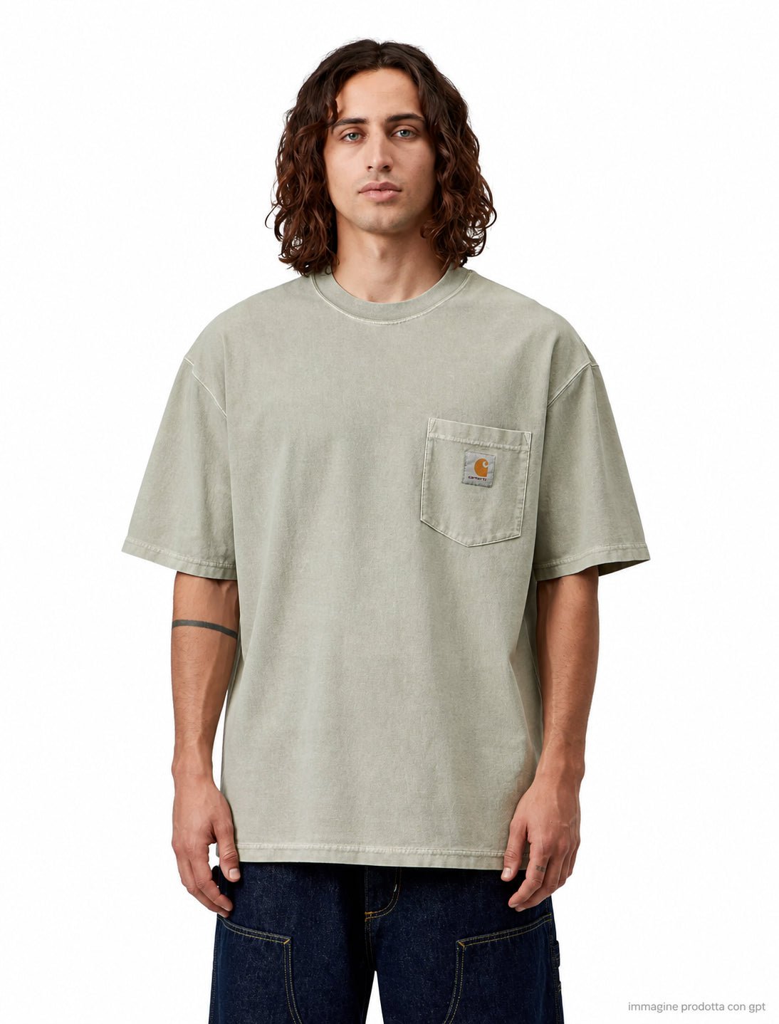 Loose Pocket T-Shirt Organic Cotton Single Jersey Shady Green garment dyed