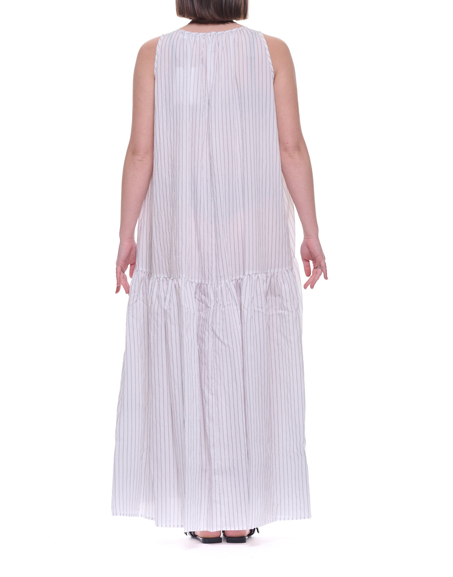 Women’s Black/White Striped Long Dress in Modal, Sleeveless, Wide Neckline, Button Closure M6EV00 R9110 STRIPED