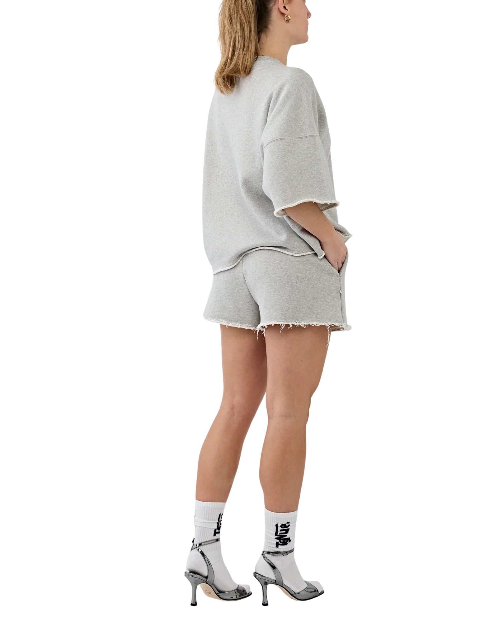 임기. 하퍼 스웨트 그레이 멜란지 크롭 Short 슬리브 오버사이즈 미드웨이트 져지 SWEAT GRAY