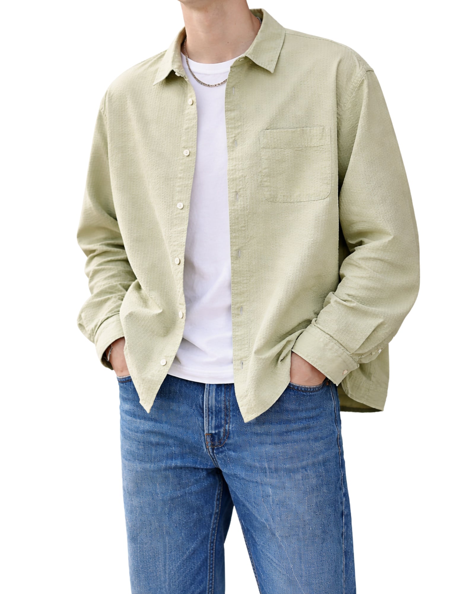 Tintoria Mattei Men’s Textured Cotton Shirt Light Green RKS THZ AT5