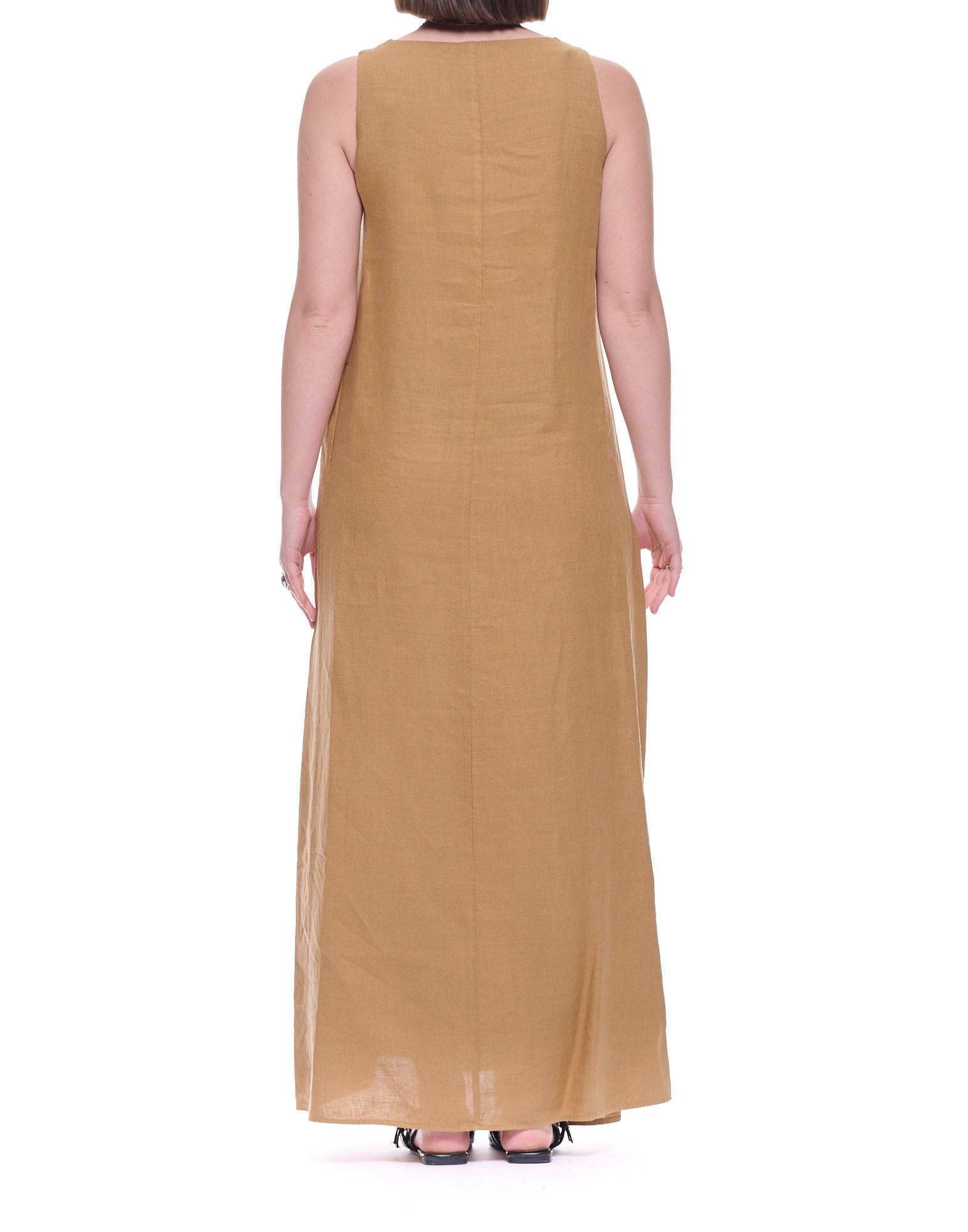 Robe longue en lin pour femme Hira Marron Col en V Sans manches Fabriqué en Italie W308 008