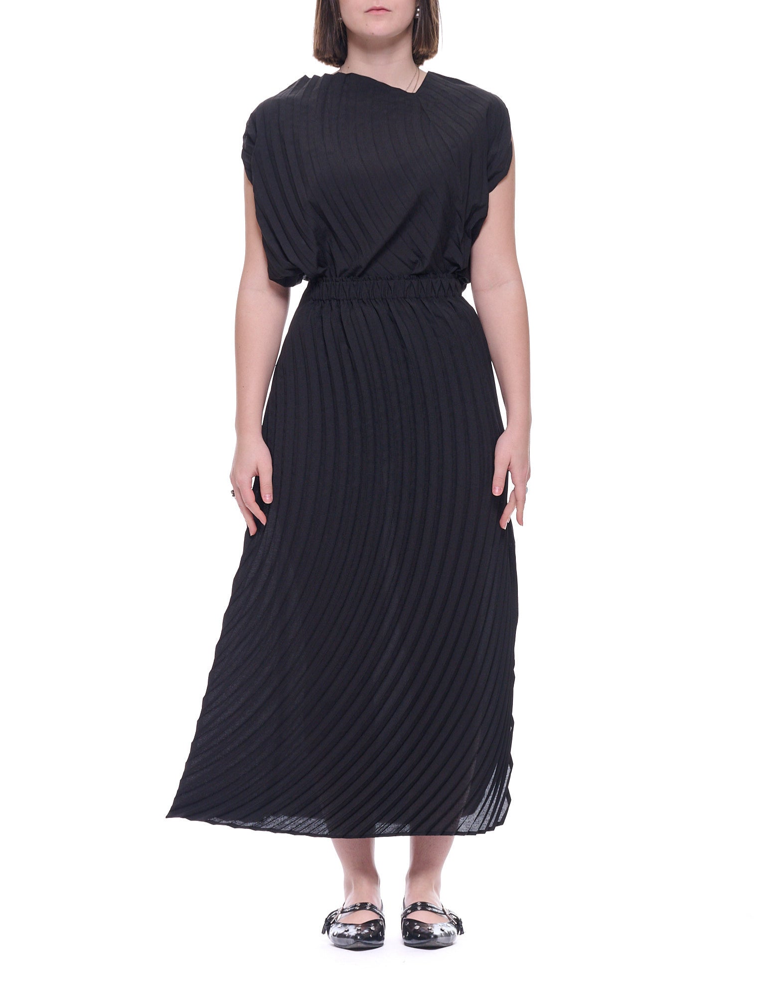 Meimeij Women’s Black Pleated Long Skirt in Polyester with High Elastic Waist E6/I/M6EY03 100 BLACK