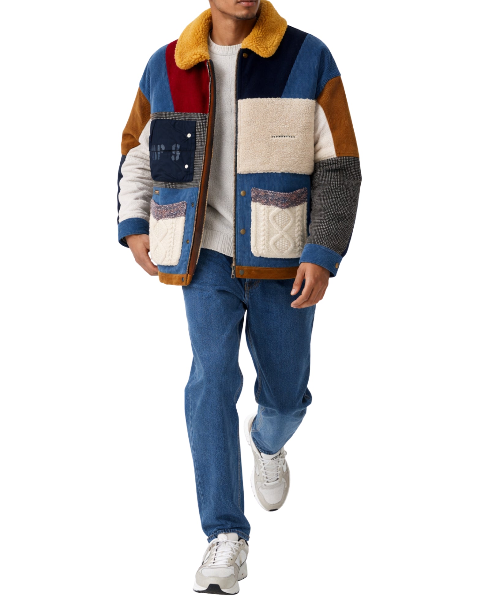 Veste Patchwork Homme Alpha Style Multicolore avec Col Teddy 3003 BLU AVORIO